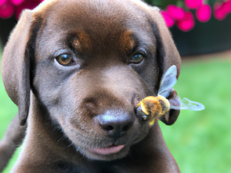 Chocolate lab puppy, with a bee on a flower below its mouth