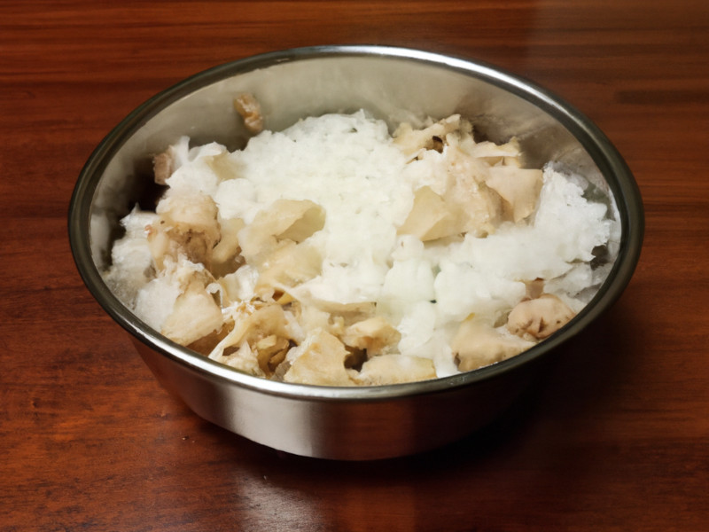 Dog bowl with diced chicken and white rice