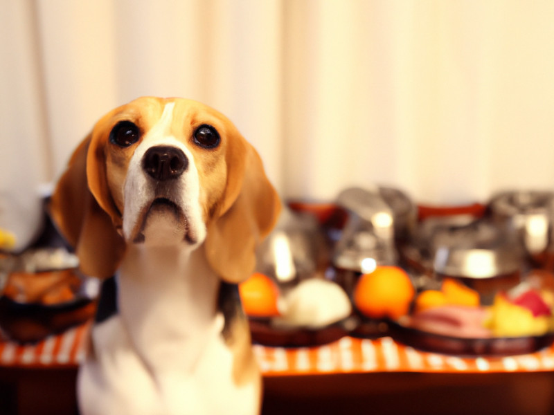 Beagle pouting at the camera with holiday food behind it