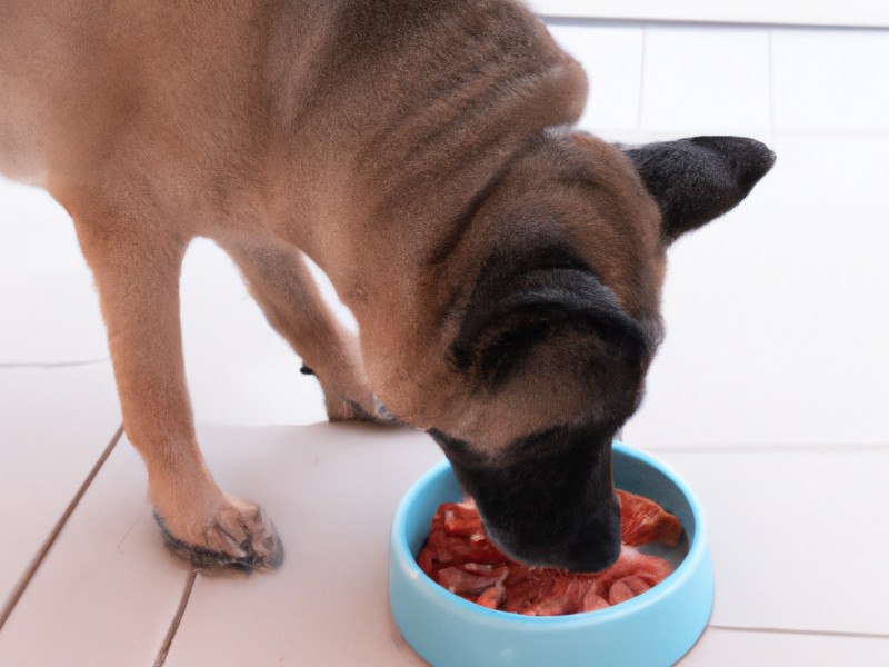 Dog eating raw fish off a white plate, pulling a piece into its mouth