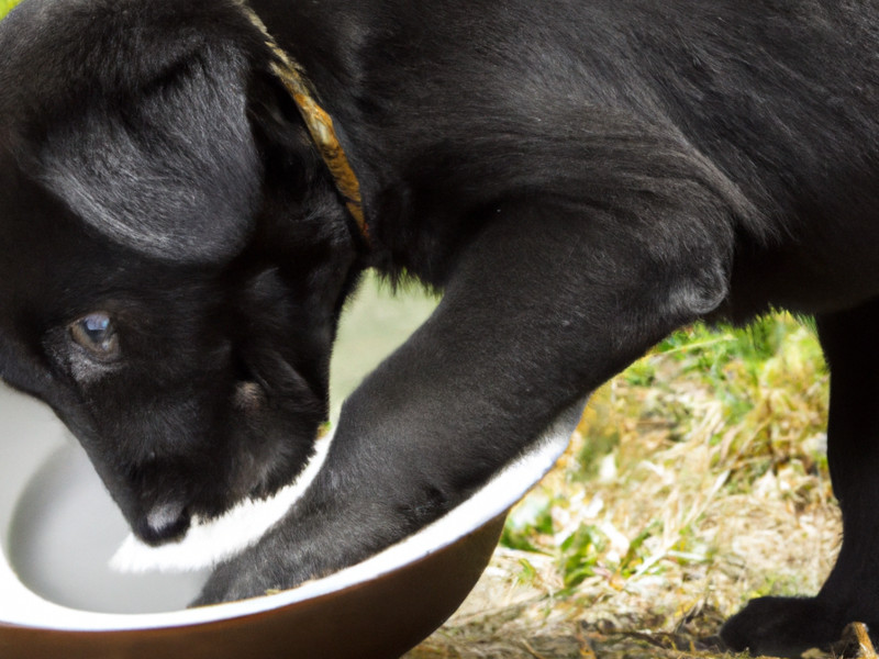 Black puppy pawing at an empty silver food bowl