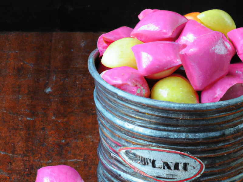 A small pail of yellow and pink bubble gum