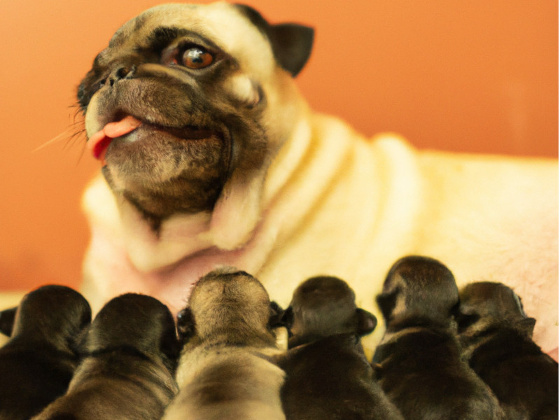 Mother pug with 8 pug puppies