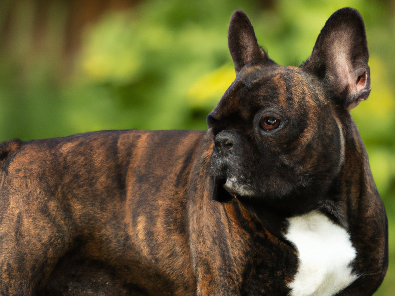 Pregnant French bulldog with brindle coloring standing outside