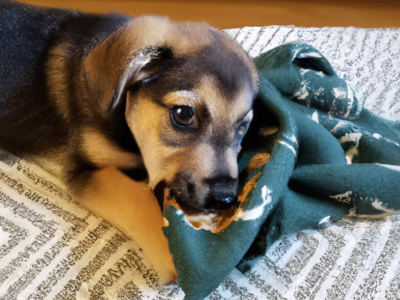 A puppy nibbling on a blanket.