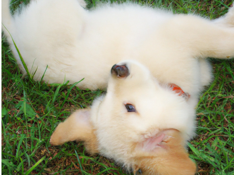 A white puppy rolling around in the grass.